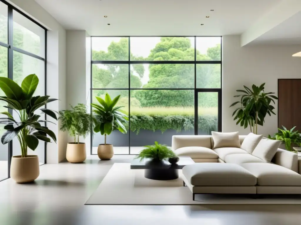 Espacio interior minimalista con plantas de interior para purificar aire, creando un ambiente elegante y fresco