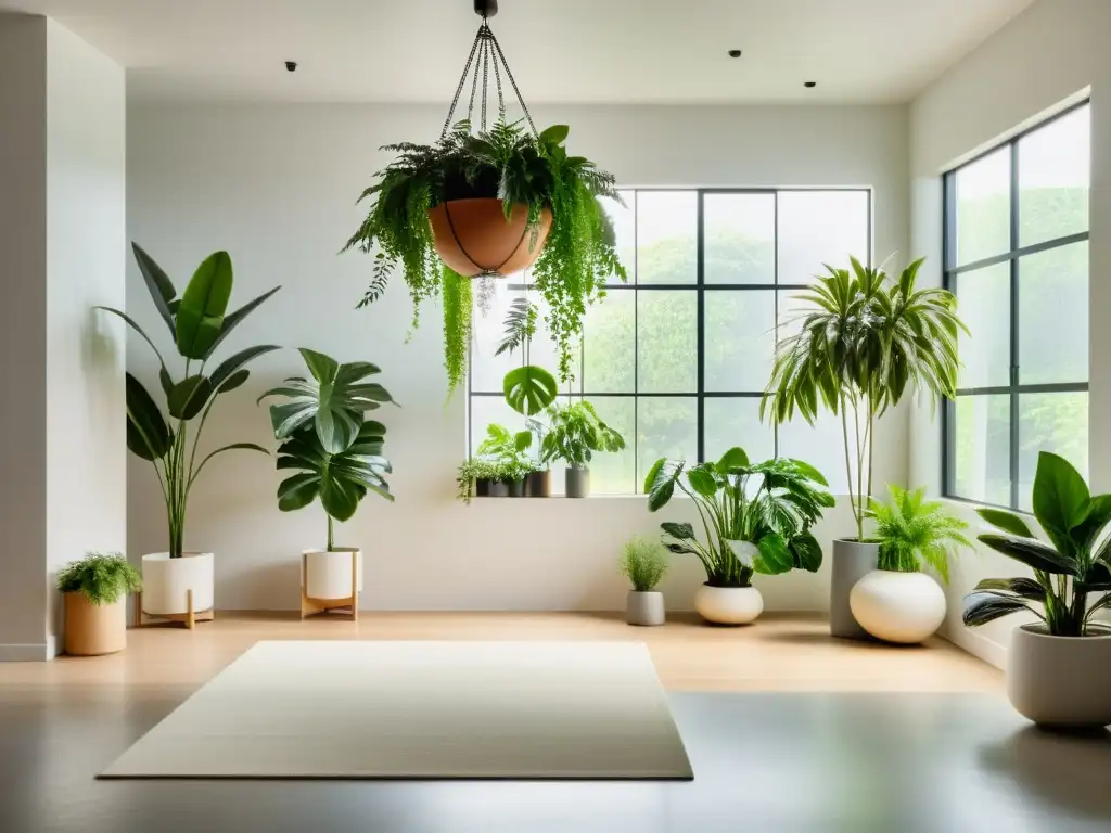 Un espacio interior minimalista con plantas verdes exuberantes estratégicamente ubicadas