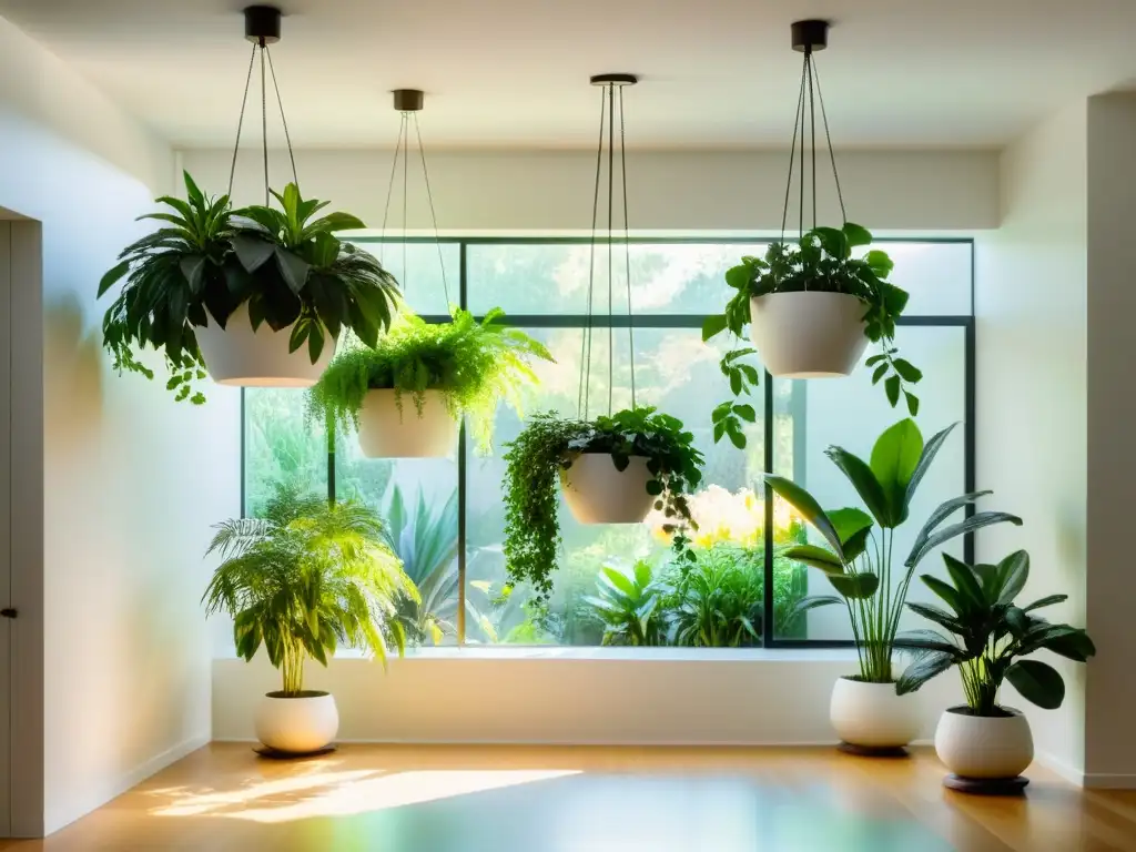 Un espacio interior minimalista y sereno con jardines colgantes de plantas cuidadas, creando una atmósfera acogedora y natural