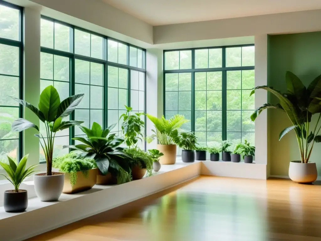 Un espacio interior minimalista y sereno, con exuberantes plantas de interior que equilibran la humedad y crean una atmósfera tranquila