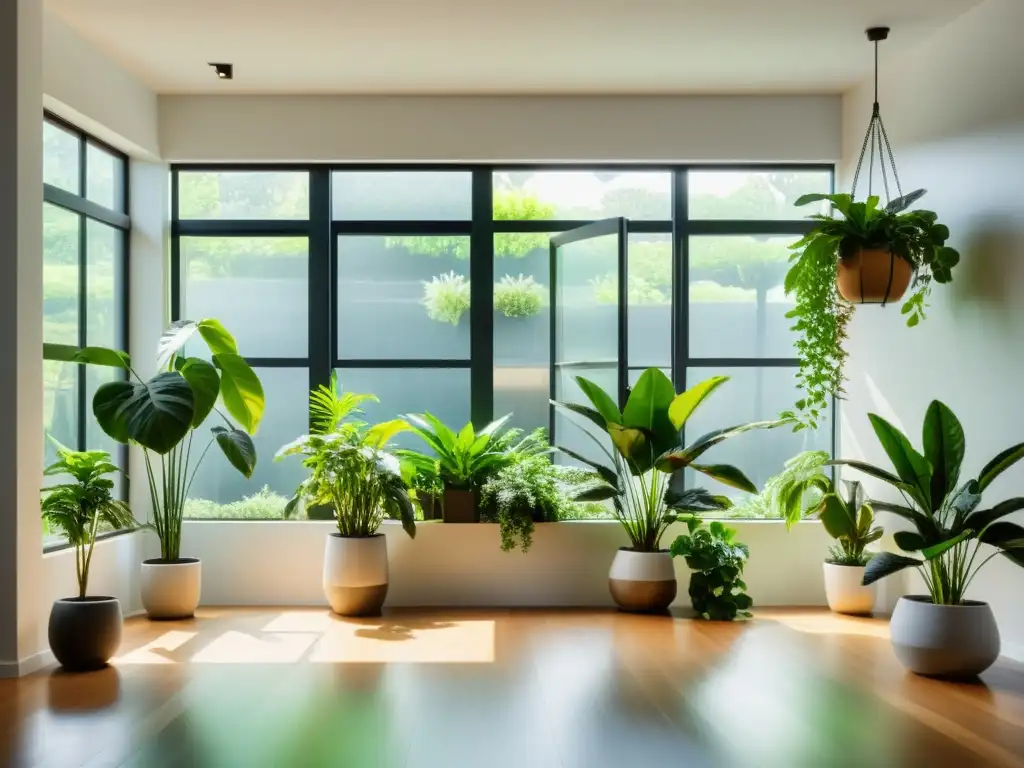 Un espacio interior minimalista y tranquilo con exuberantes plantas de interior para salud mental