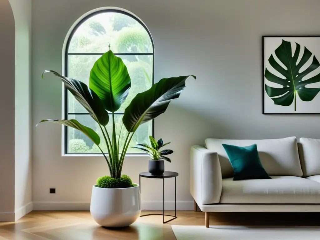 Espacio interior moderno con Alocasia en una elegante maceta blanca