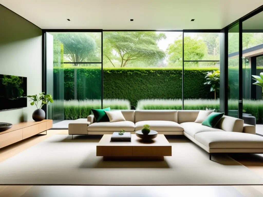 Espacio interior moderno con diseño de jardines interiores con colores, mobiliario minimalista y luz natural vibrante