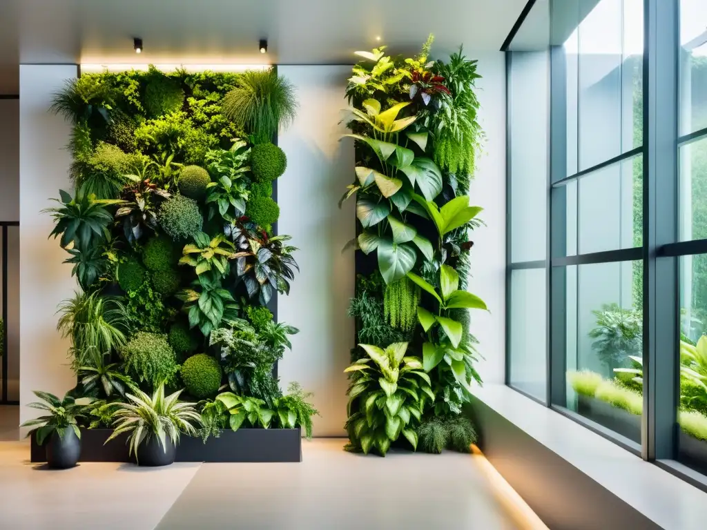 Un espacio interior moderno y elegante con un jardín vertical exuberante, iluminado con luz natural