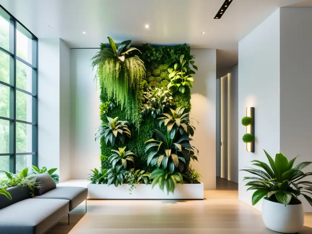 Un espacio interior moderno y elegante con un impresionante jardín vertical, creando un ambiente sereno y acústica interior