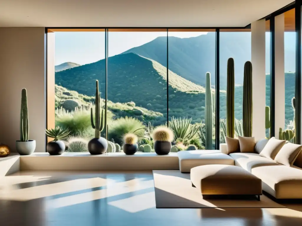 Espacio interior moderno con cactus exóticos en elegantes macetas, bañado en luz natural