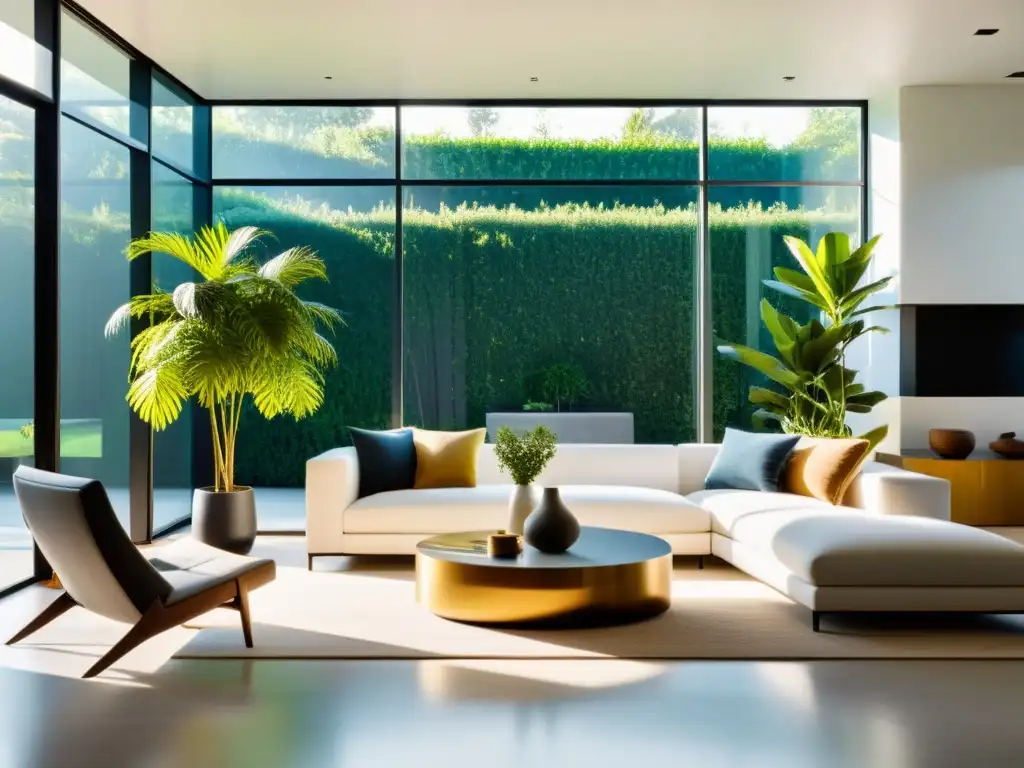 Espacio interior moderno con luz solar simulada perfecta, muebles minimalistas y ambiente sereno