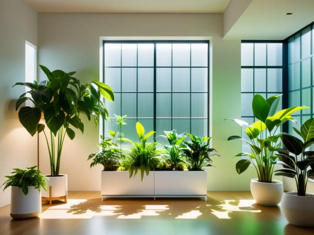 Un espacio interior moderno y minimalista con plantas purificadoras de aire