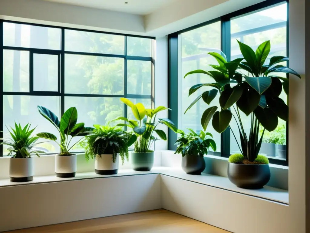 Espacio interior moderno con plantas verdes en macetas contemporáneas, bañado en luz natural