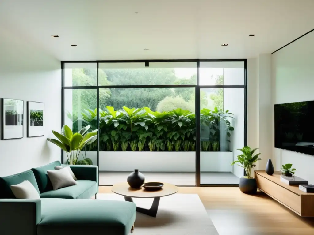 Espacio interior moderno con plantas en contraste fondo, inundado por luz natural