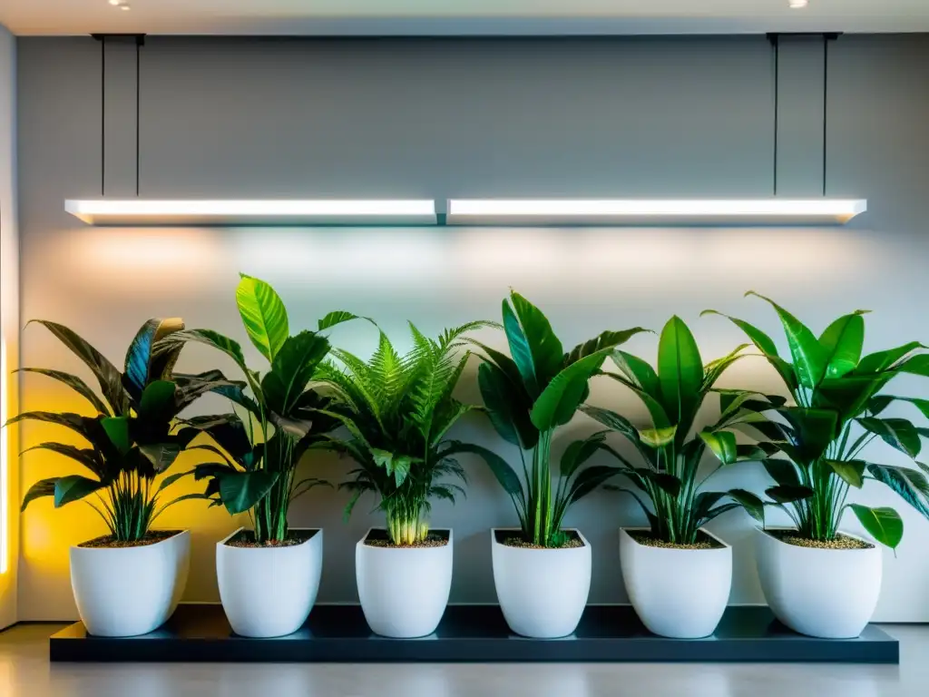 Un espacio interior moderno con plantas de interior vibrantes iluminadas por luz fluorescente suave