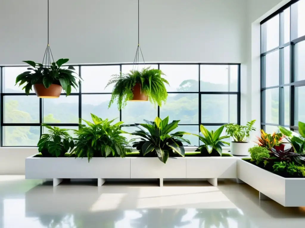 Espacio interior moderno con plantas de interior purifican aire, creando atmósfera serena y saludable