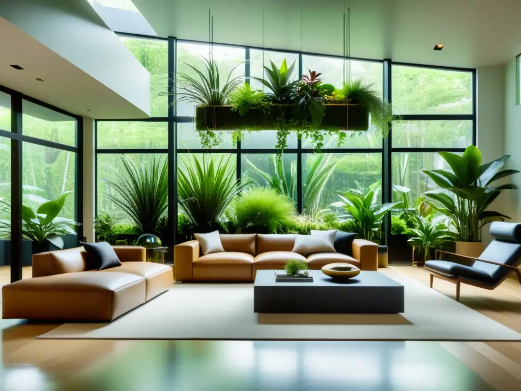 Espacio interior moderno con plantas aéreas para decoración interior, iluminado por luz natural