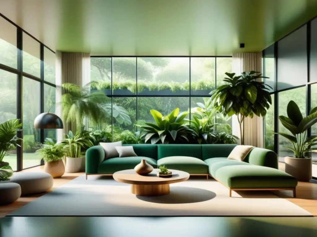 Espacio interior moderno con plantas de interior purificadoras aire creando un oasis sereno y saludable