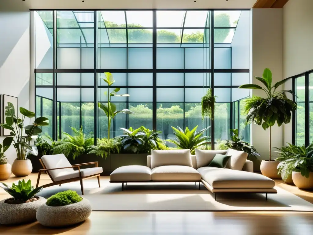 Espacio interior sereno con plantas verdes exuberantes Espacio interior moderno con plantas verdes, luz natural y tranquilidad, Beneficios plantas calidad aire interior