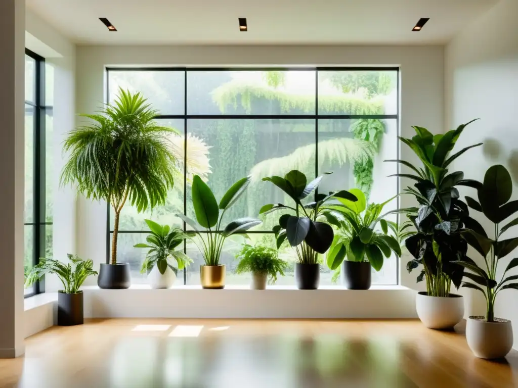 Un espacio interior moderno con plantas exuberantes iluminado por luz natural