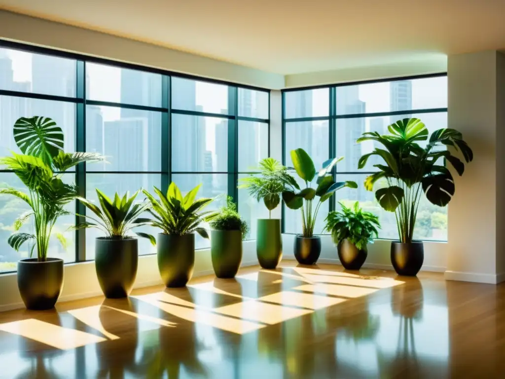 Espacio interior moderno con plantas de interior exuberantes en macetas elegantes, destacando la conservación del agua en plantas de interior