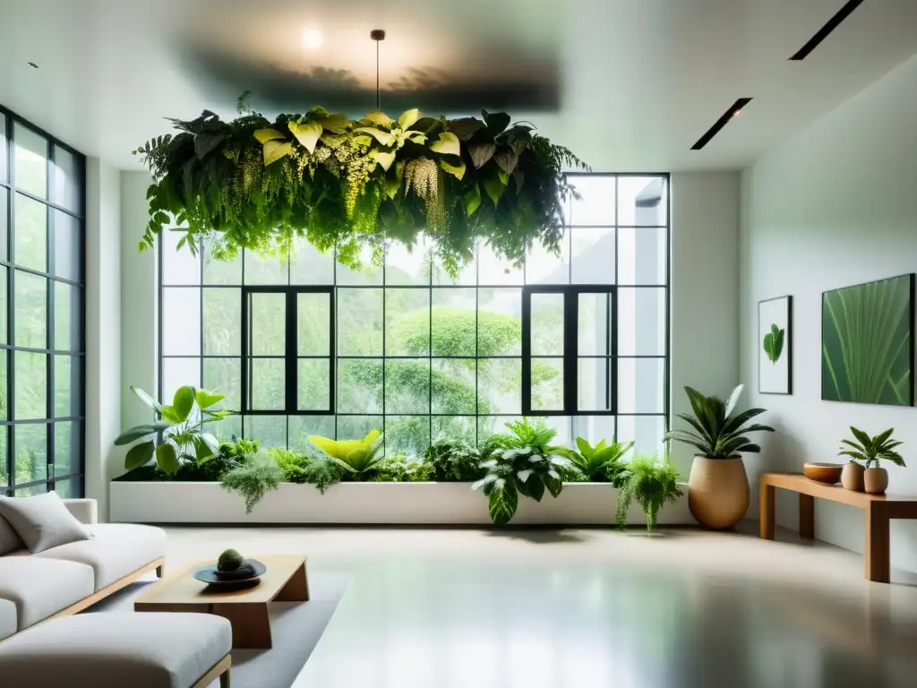 Un espacio interior moderno y relajante con las mejores plantas para oxigenar el ambiente, iluminado por luz natural