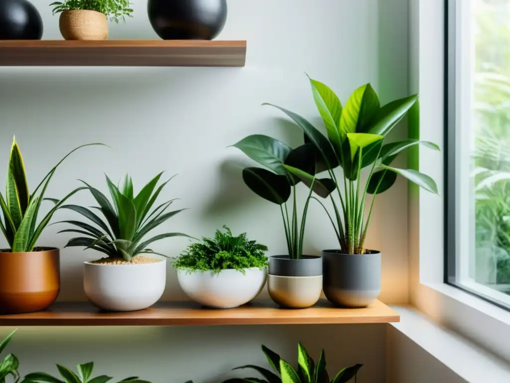 Un espacio interior pequeño y moderno con plantas purificadoras de aire interior en estantes minimalistas, creando un ambiente tranquilo y sofisticado