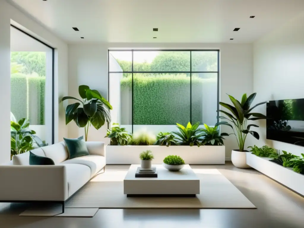 Espacio interior con plantas de interior purificadoras aire en macetas blancas, iluminado por luz natural