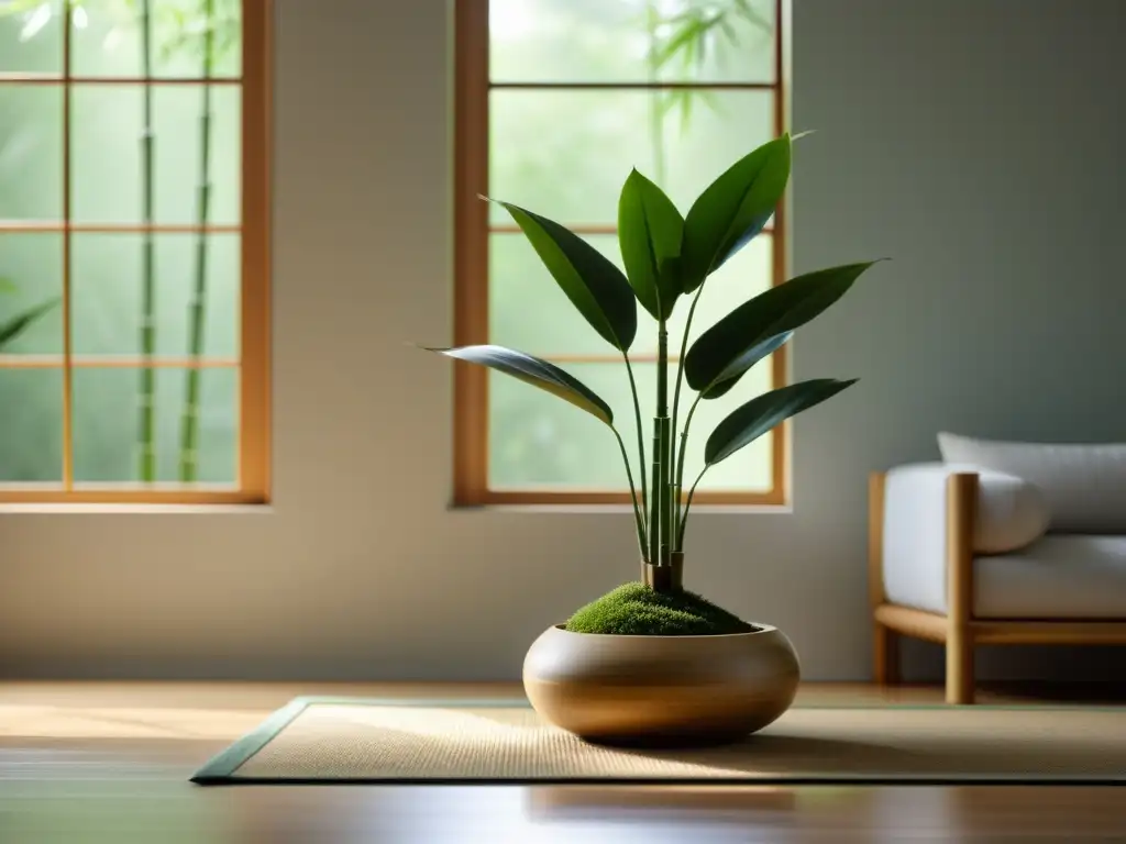 Espacio interior sereno para meditación con una elegante planta de bambú en maceta minimalista junto a ventana con luz natural