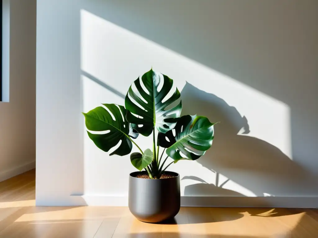 Un espacio interior sereno con una exuberante planta de interior en maceta elegante