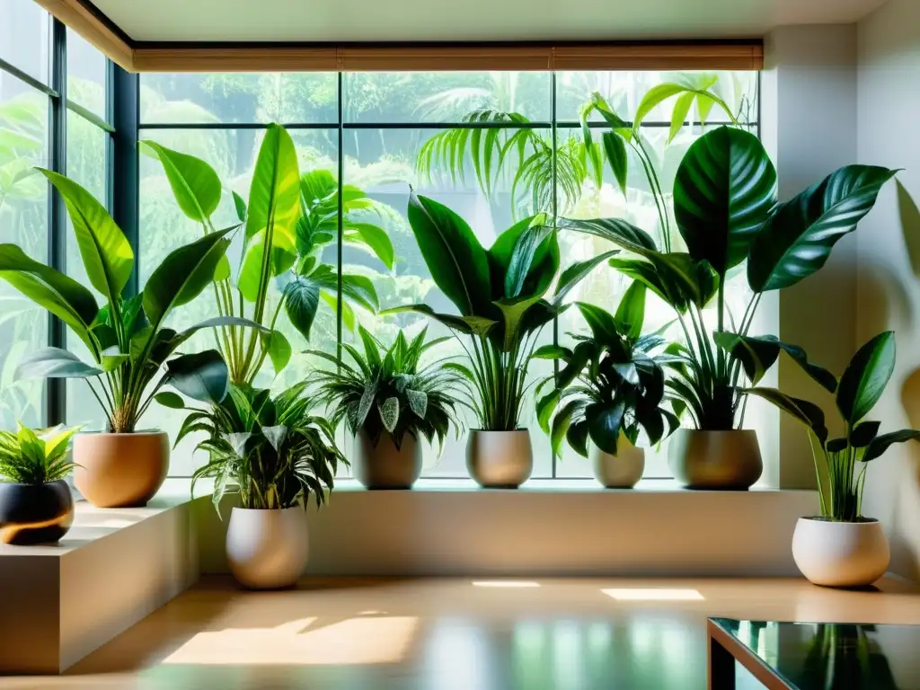 Espacio interior sereno con exuberantes plantas de interior purificadoras aire en modernos maceteros, bañado por luz natural