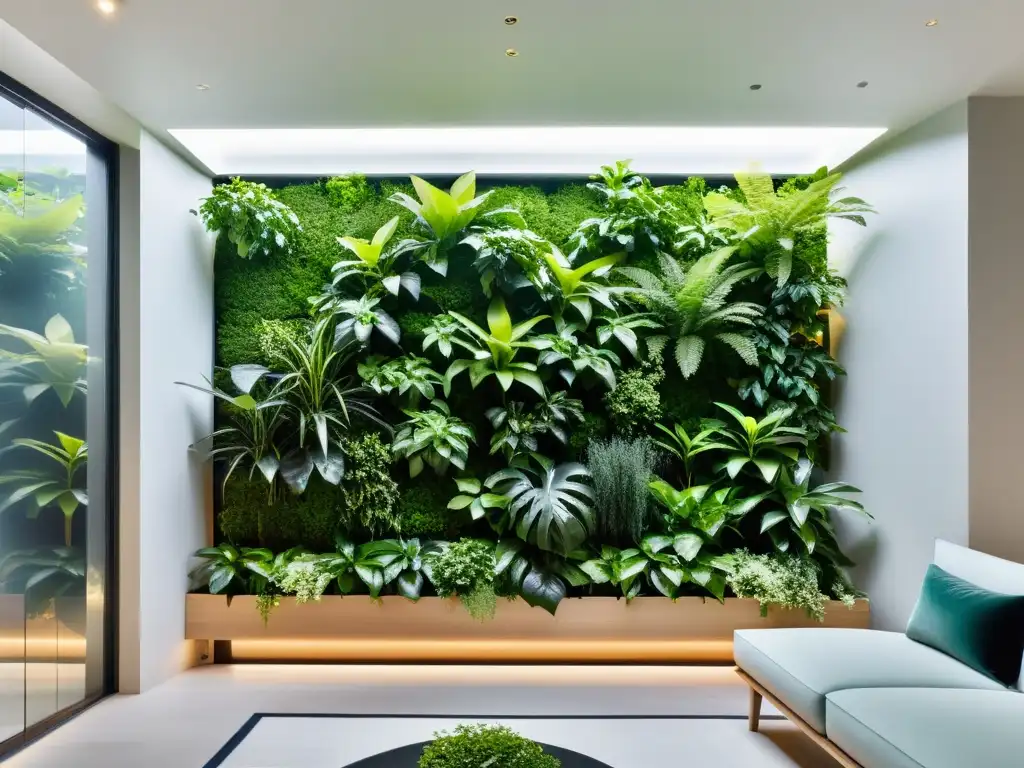 Un espacio interior sereno con jardines verticales que aportan armonía natural y diseño moderno, creando una atmósfera tranquila