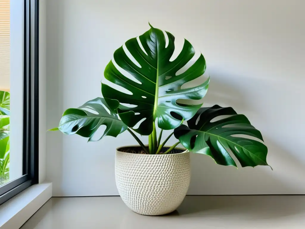 Un espacio interior sereno y minimalista con una exuberante planta de interior en el centro, iluminada por luz natural