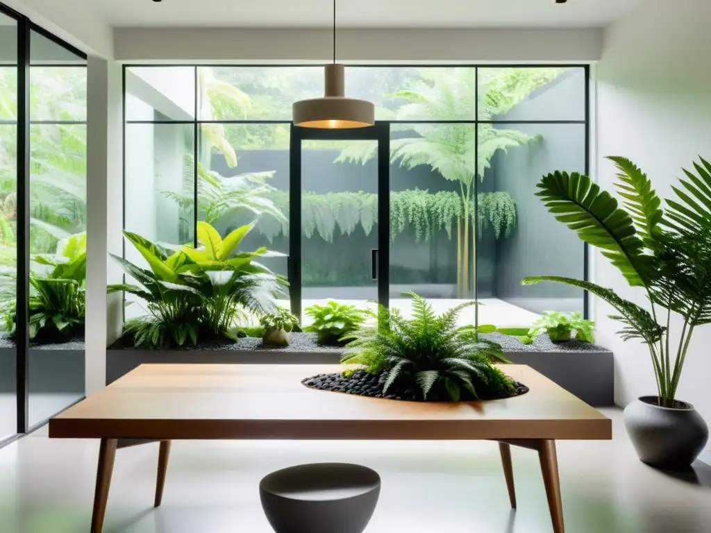 Un espacio interior sereno y minimalista con un pequeño jardín de plantas verdes y helechos delicados sobre una mesa moderna