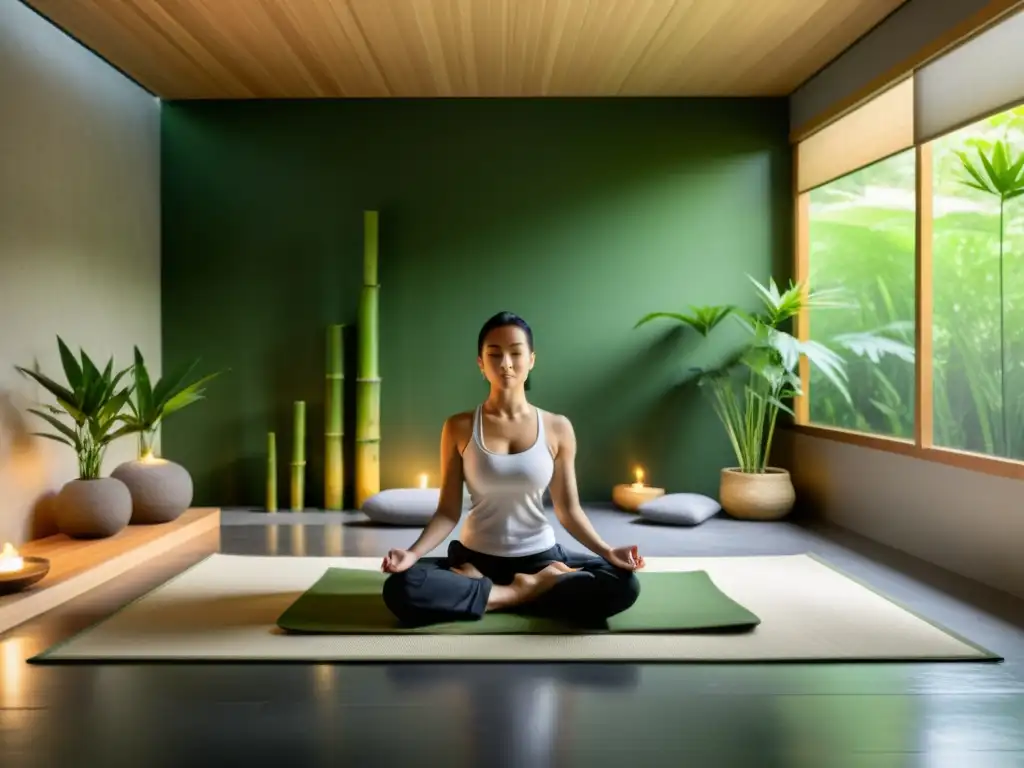 Un espacio de meditación interior sereno, minimalista con plantas de interior para meditación, luz natural y atmósfera tranquila