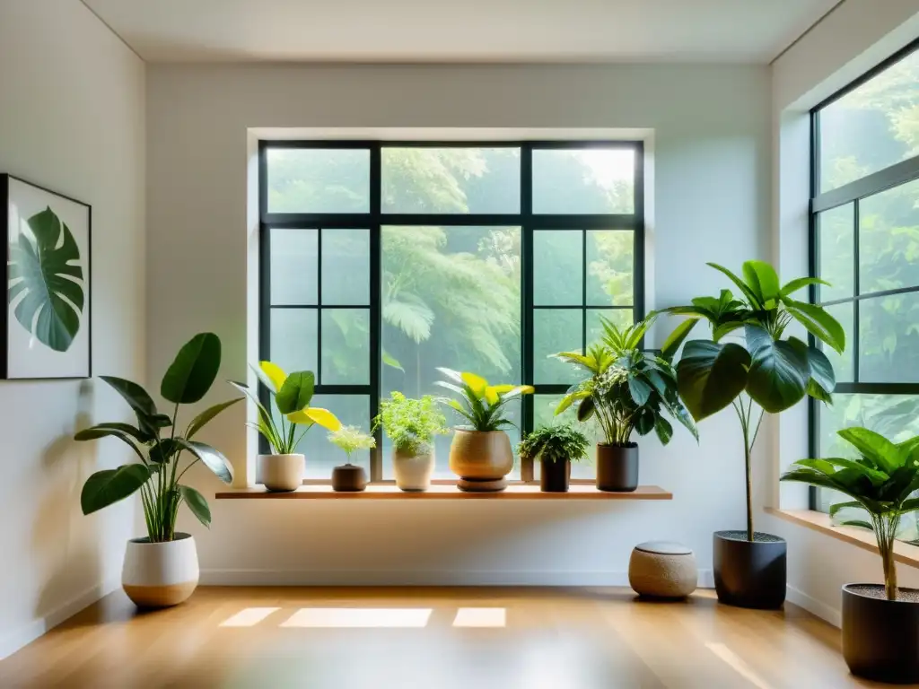 Espacio interior sereno con plantas verdes y luz natural Un espacio interior sereno y minimalista con plantas verdes en macetas, creando armonía
