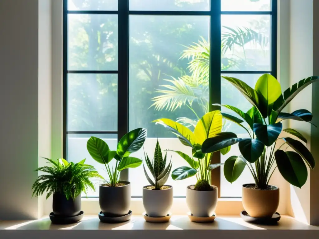 Un espacio interior sereno y minimalista con plantas de interior exuberantes en macetas contemporáneas