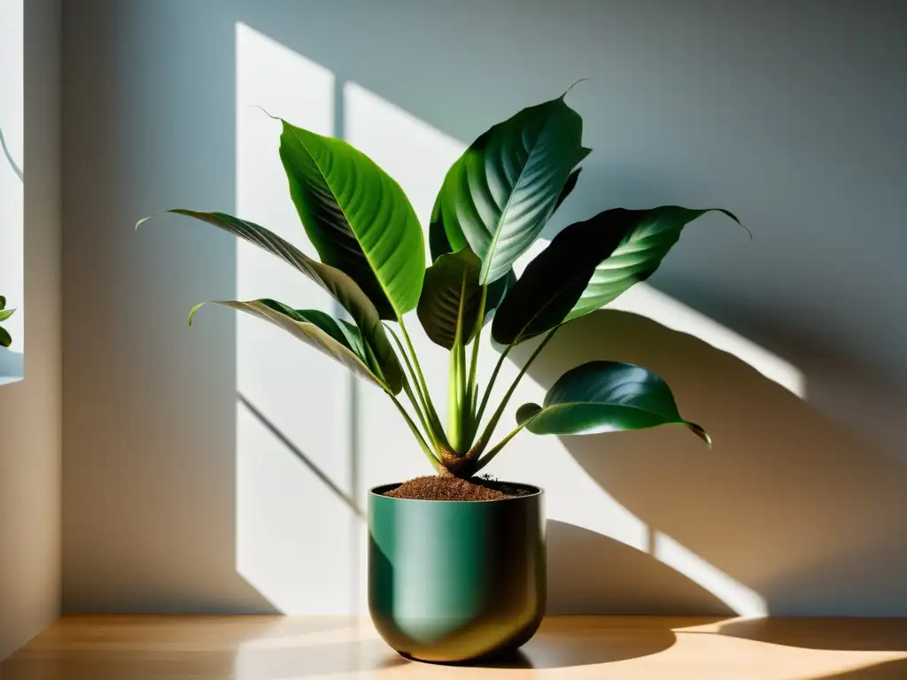 Un espacio interior sereno y minimalista con una planta de interior exuberante y vibrante, bañado por luz natural