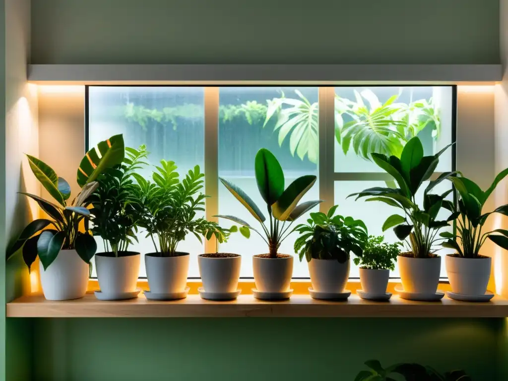 Un espacio interior sereno y minimalista iluminado por luz fluorescente, con plantas de interior vibrantes y saludables en estanterías y repisas