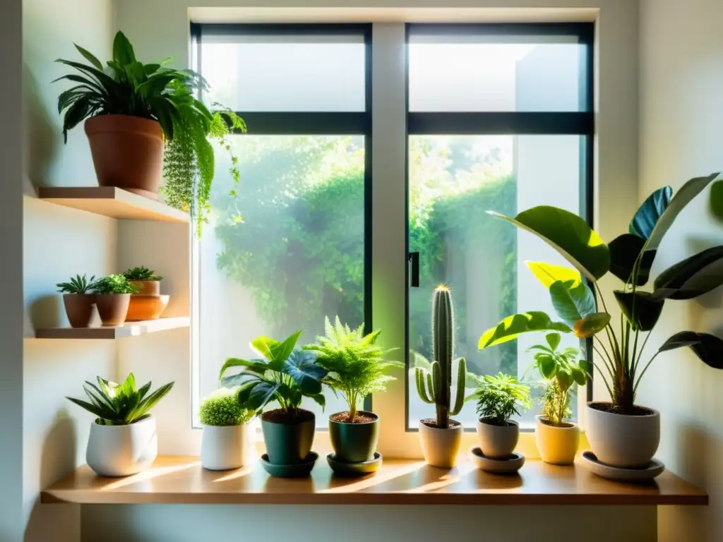 Un espacio interior sereno y minimalista iluminado por el sol, lleno de plantas verdes vibrantes en estantes modernos