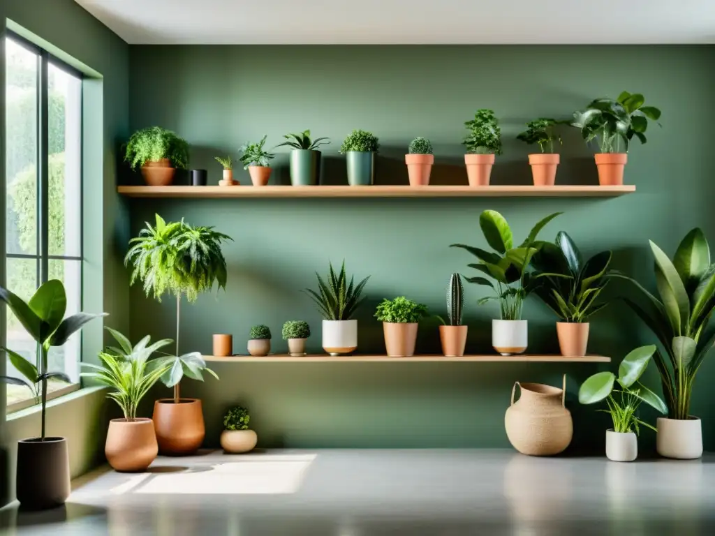 Un espacio interior sereno y minimalista con una armoniosa exhibición de plantas de interior, perfecto para el Feng Shui con plantas de interior