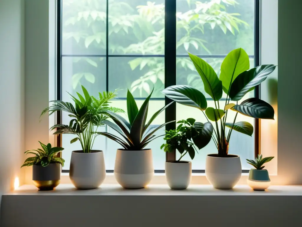 Un espacio interior sereno con decoración minimalista y exuberantes plantas verdes que promueven beneficios para la salud mental