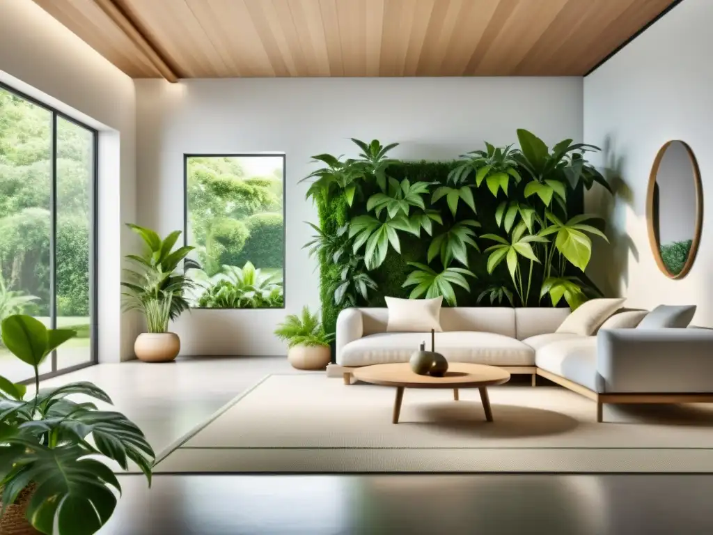 Serena decoración interior con plantas verdes exuberantes Un espacio interior sereno con decoración minimalista y plantas de interior para combatir la contaminación sonora
