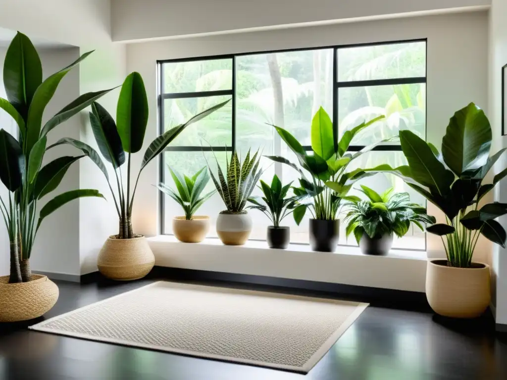 Un espacio interior sereno con decoración minimalista y plantas de interior estratégicamente colocadas para reducir ruido