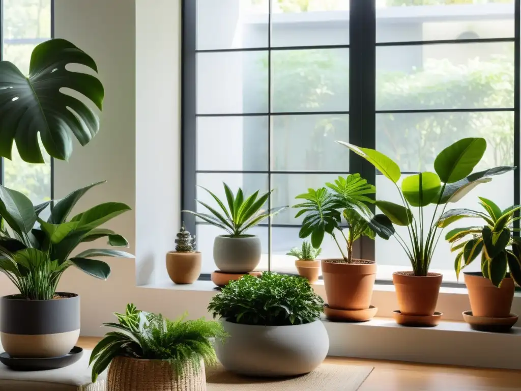 Un espacio interior sereno y minimalista con plantas de interior vibrantes