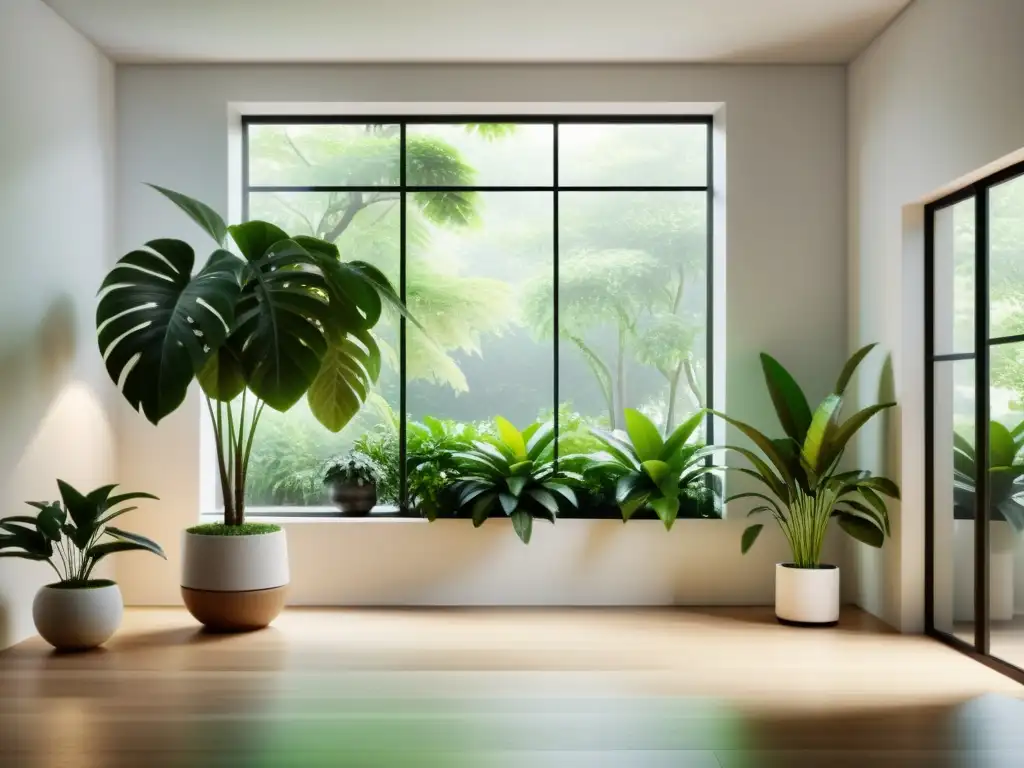 Un espacio interior sereno y minimalista, con plantas grandes estratégicamente ubicadas para aislar acústicamente interiores