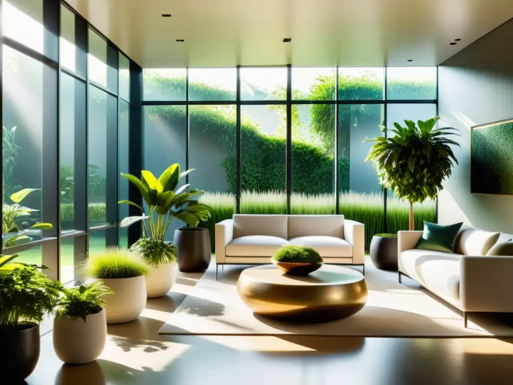 Un espacio interior sereno con muebles minimalistas, grandes ventanales y un exuberante jardín exterior