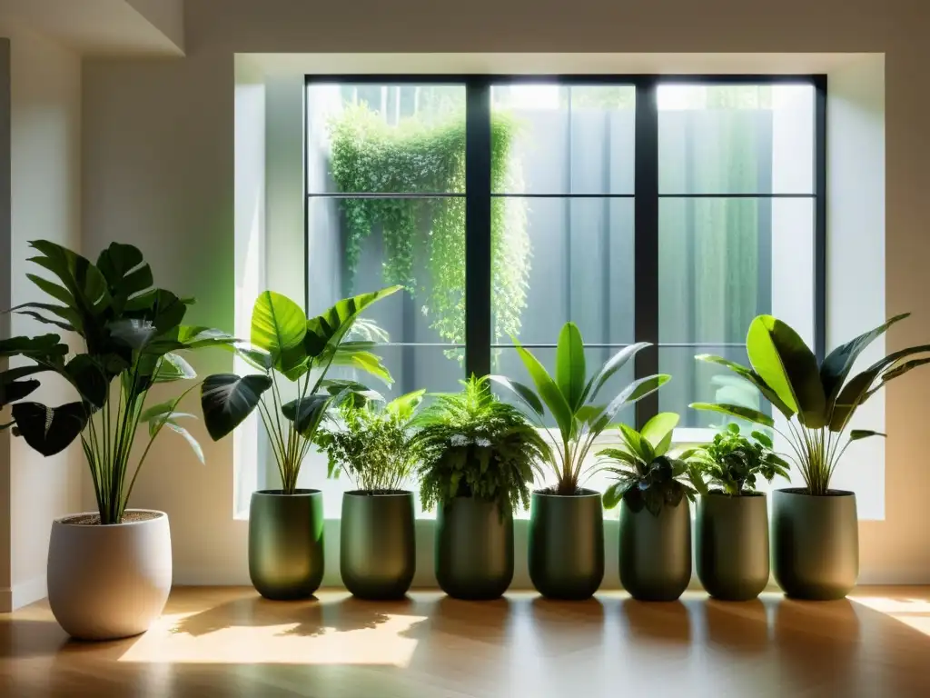 Espacio interior sereno con plantas verdes en alternativas ecológicas, creando una atmósfera tranquila y armoniosa