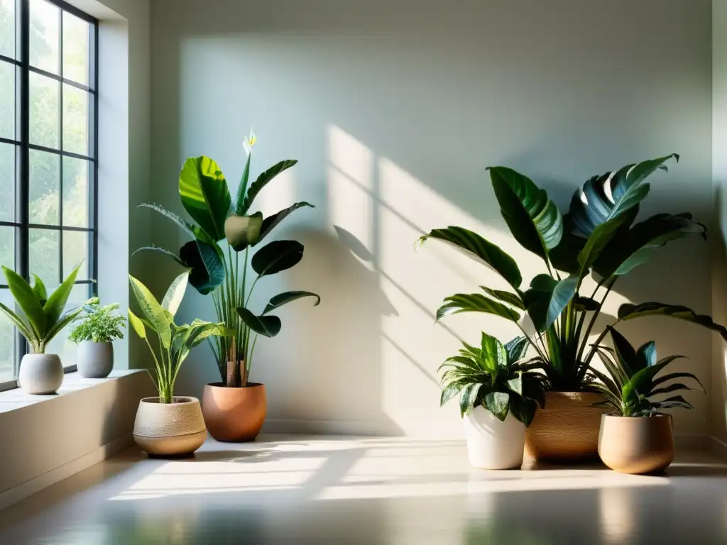 Un espacio interior sereno con plantas de interior para reducir estrés, iluminado con luz natural y sombras suaves