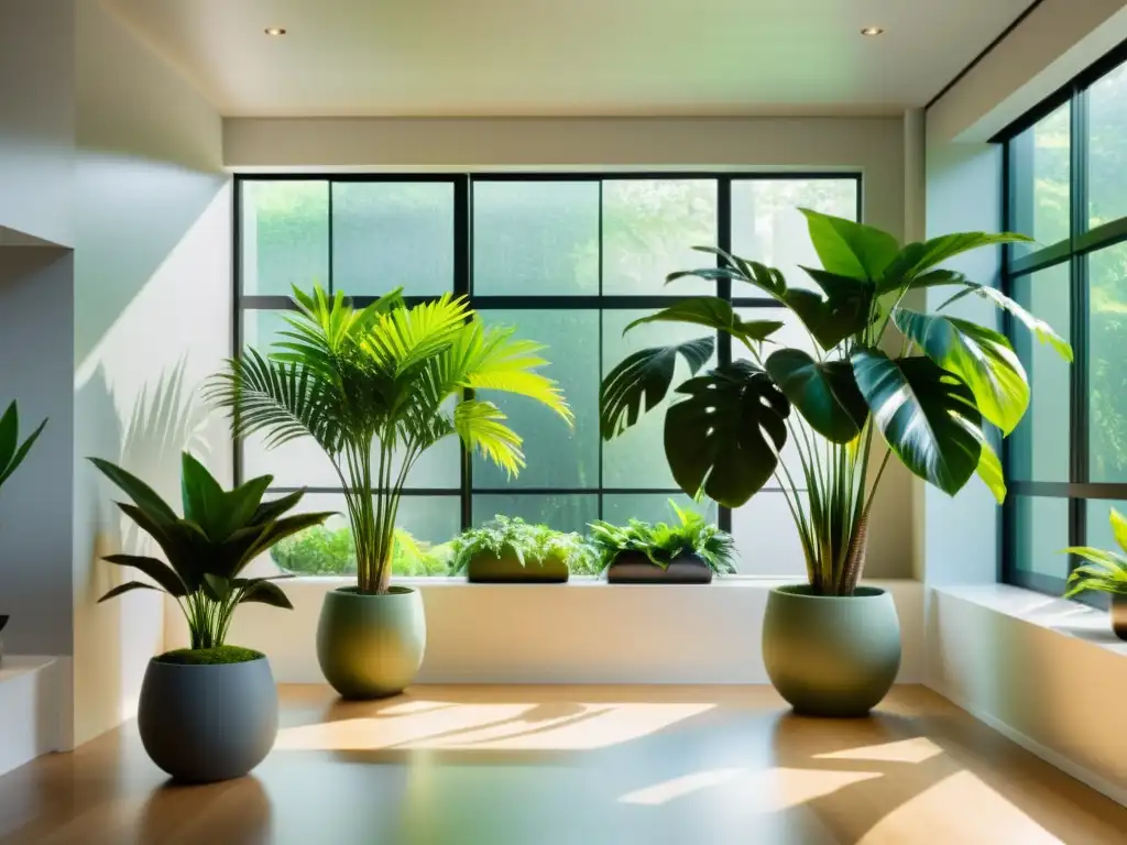 Espacio interior sereno con plantas purificadoras de aire, integrando naturaleza y diseño interior para crear armonía y tranquilidad