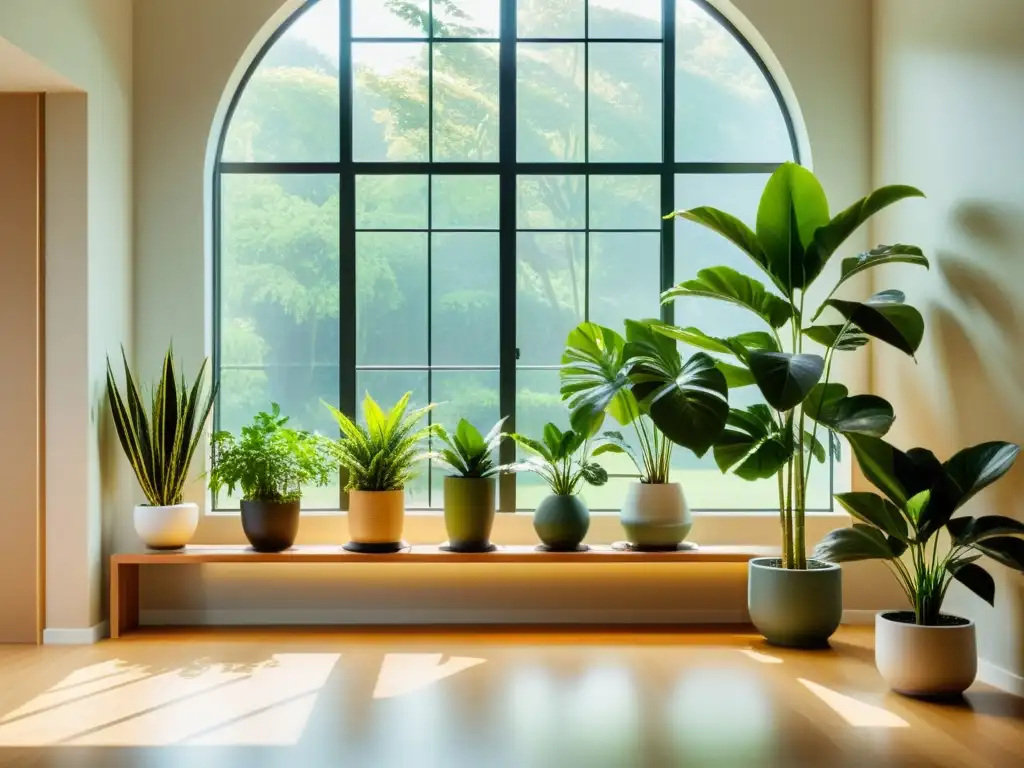 Un espacio interior sereno con plantas de interior estratégicamente colocadas para crear un ambiente armonioso y tranquilo