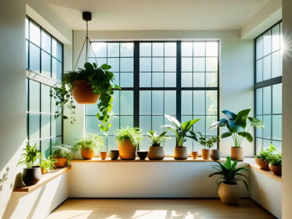 Espacio interior sereno con plantas colgantes, creando armonía natural