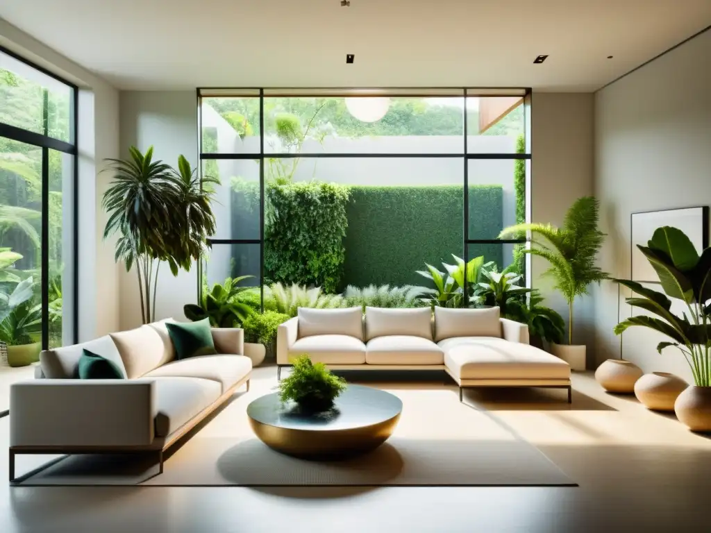 Espacio interior sereno con plantas verdes, mobiliario moderno y luz natural, para disfrutar beneficios emocionales de las plantas en casa