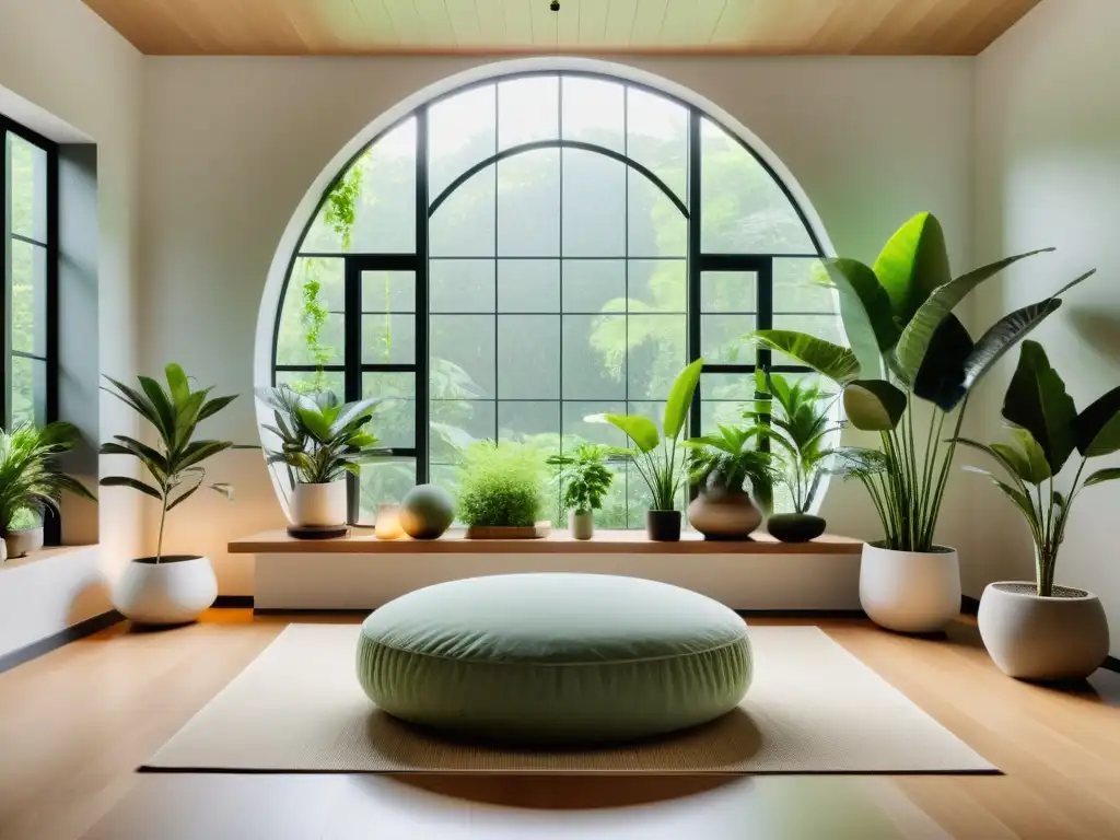 Espacio interior sereno con plantas de interior para meditación, ventana amplia y luz natural